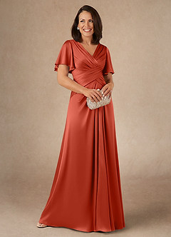 Azazie Emmeline Mother of the Bride Dresses Rust A-Line Pleated Stretch Satin Dress image1