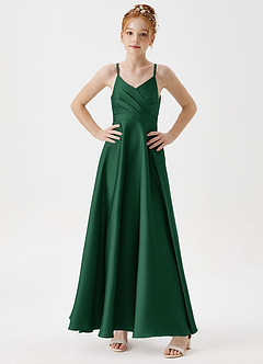 Azazie Avelina Junior Dark Green A-Line Pleated Stretch Satin Dress image3