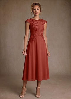 Azazie Crista 신부의 어머니 드레스 A라인 레이스 쉬폰 티 길이 드레스 image1