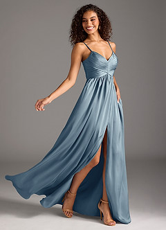 Azazie Alia Robes de demoiselle d'honneur Robe Trapèze en Satin extensible Plissée Bleu Poussiéreux image2