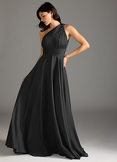 Azazie Charlize Bridesmaid Dresses Black A-Line One Shoulder Stretch Satin Dress image13