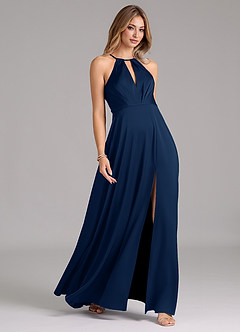 Azazie Evalleen Final Sale Dark Navy A-Line Pleated Stretch Satin Dress image5