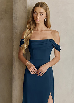 Azazie Saige Brautjungfernkleider Etui Schulterfrei Stretch-Satin Kleid Dunkelmarine image2