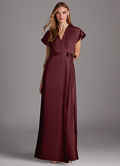 Azazie Nico Bridesmaid Dresses Cabernet A-Line V-Neck Stretch Satin Dress image1
