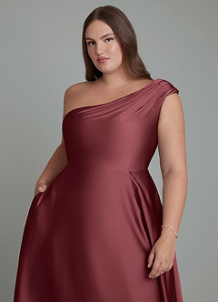 Azazie Melanie Robes de demoiselle d'honneur Robe Trapèze en Satin extensible Épaules dénudées Merlot image12