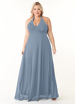 Azazie Tessie Vestidos de damas de honor Vestido de Azul Polvoriento de Gasa de Corte en A con Cuello en V plisado image6