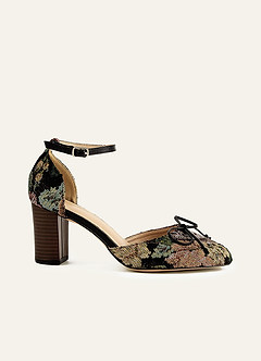 Floral Tapestry Ankle Strap Block Heels