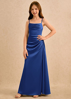 Azazie Shyla Girls Formal Flower Girl Dresses Royal Blue Sheath Pleated Stretch Satin Dress image4