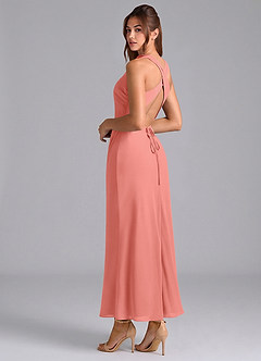 Azazie Evadne Bridesmaid Dresses Salmon Pink Sheath Pleated Chiffon Dress image2