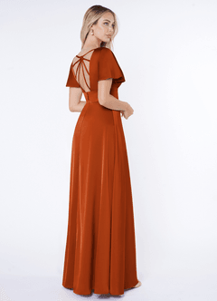 Azazie Lani Bridesmaid Dresses Burnt Orange A-Line Flounce Sleeve Stretch Satin Dress image5