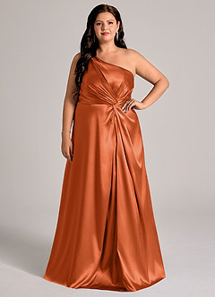 Azazie Brooke Bridesmaid Dresses Burnt Orange A-Line One Shoulder Metallic Satin Dress image8