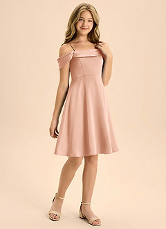 Azazie Anselie Junior Abito A-Line in Raso Elasticizzato Plissettato Oro Rosa image6