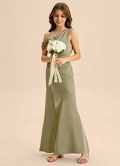 Azazie Madelyn Junior Osłona Zza ramienia Satyna elastyczna Długość podłogi Młodsza druhna Sukienka image5