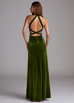 Azazie Clarice Bridesmaid Dresses Olive A-Line Side Slit Velvet Dress image2