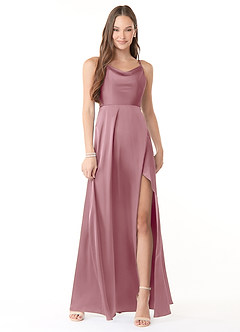 Azazie Naomie Final Sale Vintage Mauve A-Line Cowl Neckline Side Slit Stretch Satin Dress image1