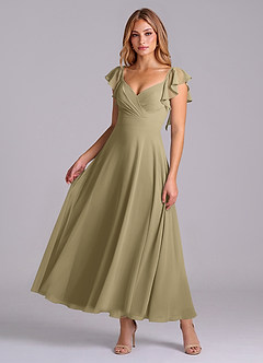 Azazie Leilani 신부 들러리 드레스 A라인 셔링 쉬폰 발목 길이 드레스 image1