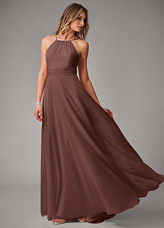 Azazie Amalia Bridesmaid Dresses Espresso A-Line Pleated Chiffon Dress image3