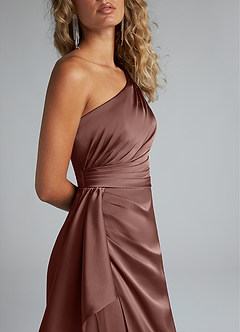 Azazie Maive Bridesmaid Dresses Espresso Sheath Ruched Stretch Satin Dress image5