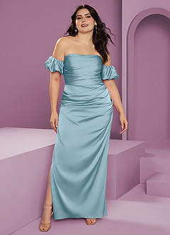 Barbie ♥ Azazie Robes de demoiselle d'honneur Robe Fourreau Convertible en Satin extensible Épaule décolletée Bleu Maussade image10