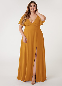 Azazie Kimber Bridesmaid Dresses Butterscotch A-Line Flounce Sleeve Chiffon Dress image6