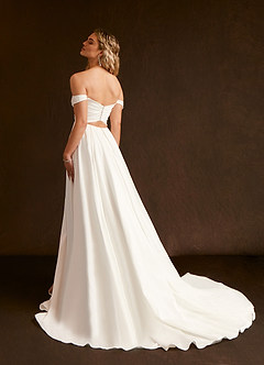 Azazie Joya Wedding Dresses Diamond White A-Line Off the Shoulder Crepe Back Satin Dress image5