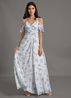 Azazie Dakota Vestidos de damas de honor Vestido de Casa Floral Azul de Gasa de Corte en A con Cuello en V plisado image4