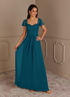 Azazie Gwenyth Final Sale Ink Blue A-Line Lace Chiffon Dress image1