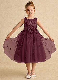 Azazie Lana Robe Demoiselle D'honneur Fillette Robe Trapèze en Mat Satiné Sans manches Cabernet image1