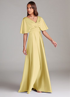 Azazie Pamela Robes de demoiselle d'honneur Robe Trapèze en Satin extensible Plissée Sorbet Citron image3