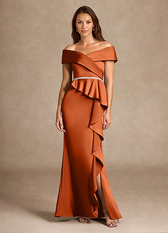Azazie Dareia Mother of the Bride Dresses Burnt Orange Mermaid Off the Shoulder Stretch Satin Dress image3
