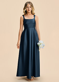 Azazie Azaria Junior Dark Navy A-Line Pleated Stretch Satin Dress image3