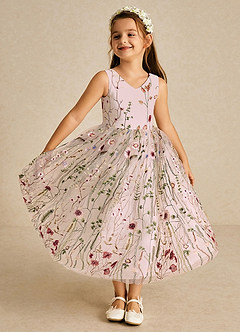Azazie Arianna Flower Girl Dresses Blushing Pink A-Line Lace Tulle Dress image2