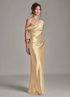 Azazie Emerson Bridesmaid Dresses Champagne Mermaid Off the Shoulder Metallic Satin Dress image5