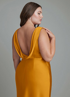 Azazie Kieryn Robes de demoiselle d'honneur Robe Sirène en Satin extensible Plissé Caramel écossais image14