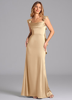 Azazie Adi Bridesmaid Dresses Champagne A-Line Pleated Stretch Satin Dress image4