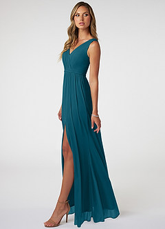 Azazie Tanicia Brautjungfernkleider A-Linie V-Hals Gefaltet Gittergewebe Kleid Tintenblau image3