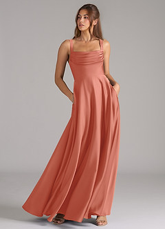 Azazie Shaude Bridesmaid Dresses Salmon Pink A-Line Pleated Stretch Satin Dress image3