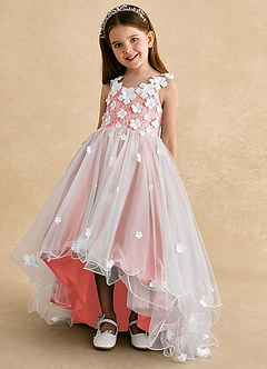 Azazie Celia Flower Girl Dresses Coral A-Line Lace Tulle Dress image6