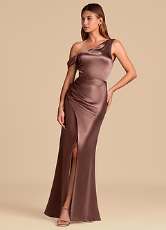 Azazie Madelyn Final Sale Espresso Mermaid Off the Shoulder Metallic Satin Convertible Dress image3