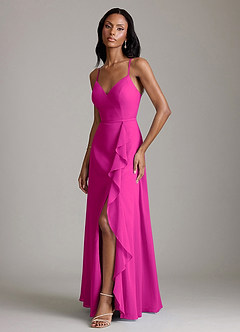 Azazie Naeem Vestidos de damas de honor Vestido de Fucsia de Gasa de Corte en A con Cuello en V fruncido image4