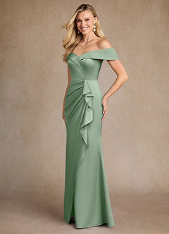 Azazie Laredo Mother of the Bride Dresses Matcha Mermaid Off the Shoulder Stretch Satin Dress image2