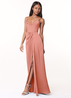 Azazie Brielle Bridesmaid Dresses Coral A-Line Cowl Spaghetti Straps Stretch Satin Dress image3