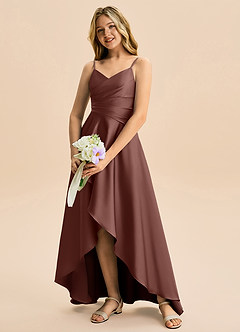 Azazie Eirlys Junior Abito A-Line in Raso Elasticizzato Plissettato Espresso image4