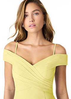 Azazie Lecia Bridesmaid Dresses Lemon Sorbet Empire Off-The-Shoulder Pleated Chiffon Convertible Dress image2
