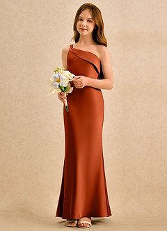 Azazie Almond Girls Formal Sukienki dla dziewczynek sypiących kwiaty Osłona Jedno ramię Satyna elastyczna Długość podłogi Sukienka image3