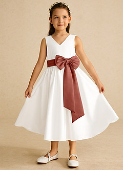 Azazie Darling Flower Girl Dresses Ivory Auburn A-Line Bow Cotton Dress image2
