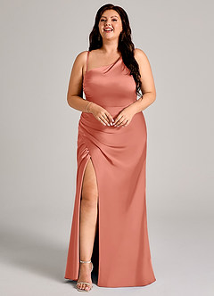 Azazie Madelyn Bridesmaid Dresses Salmon Pink Mermaid One Shoulder Stretch Satin Convertible Dress image15