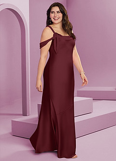 Barbie ♥ Azazie Vestidos de damas de honor Vestido de Cabernet de Satén Elástico de Corte Recto con Plisado image3