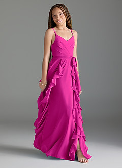 Azazie Peyton Junior Fuchsia A-Line V-Neck Cascading Ruffles Chiffon Dress image3