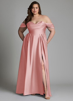 Azazie Loisa At-home Try On Dresses Dusty Blue A-Line Off the Shoulder Stretch Satin Dress image10